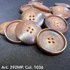 Buttonology Inc brown four hole shirt buttons for sewing on black fabric textured glossy finish