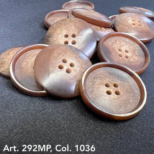 Buttonology Inc brown four hole shirt buttons for sewing on black fabric textured glossy finish