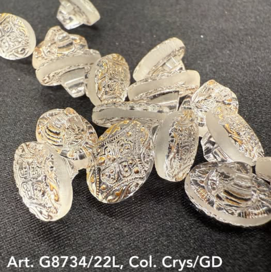 Buttonology Inc crystal gold decorative buttons ornate clear glass style shank buttons on black fabric