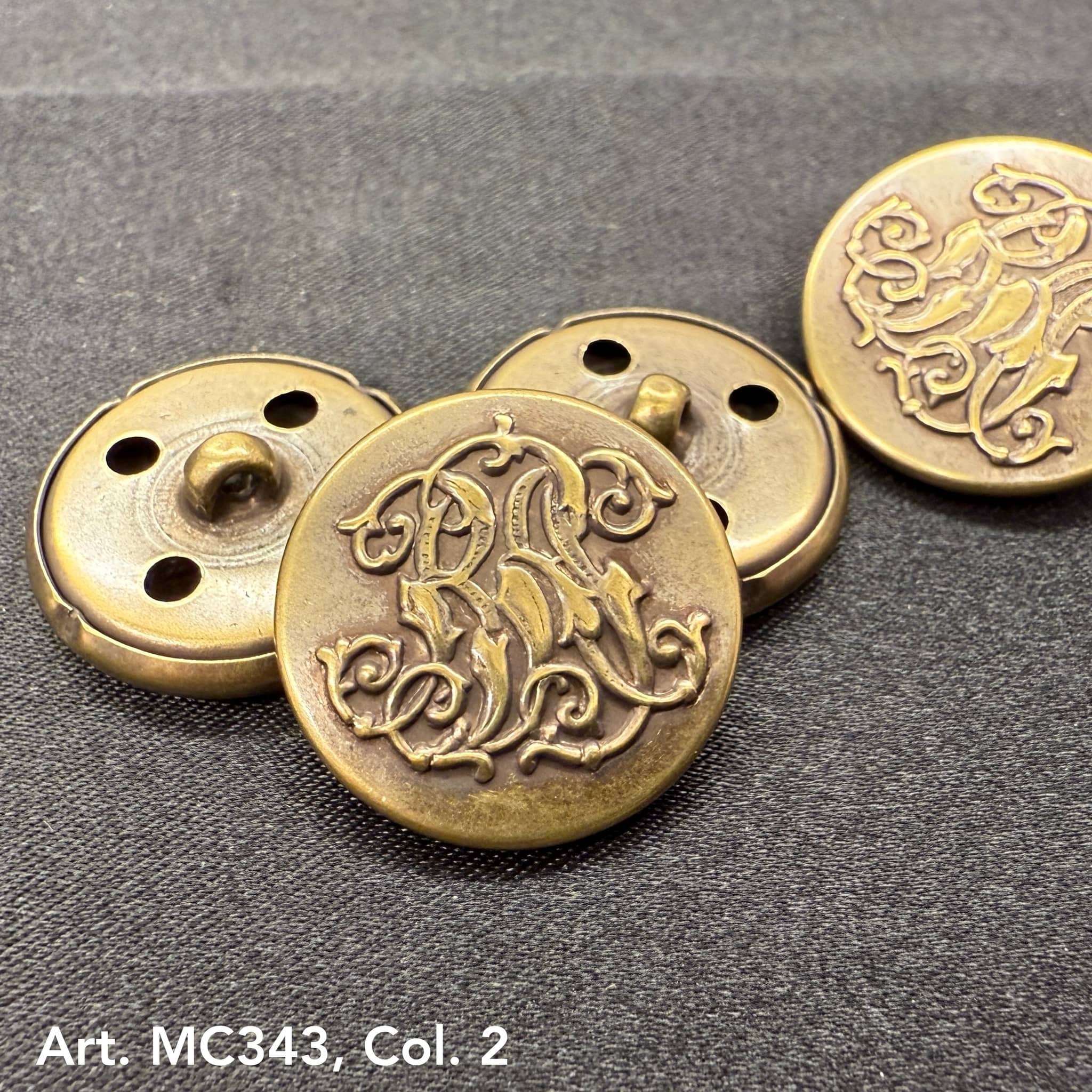 Buttonology Inc antique brass round shank buttons with ornate monogram scroll design designer buttons for coats and accessories