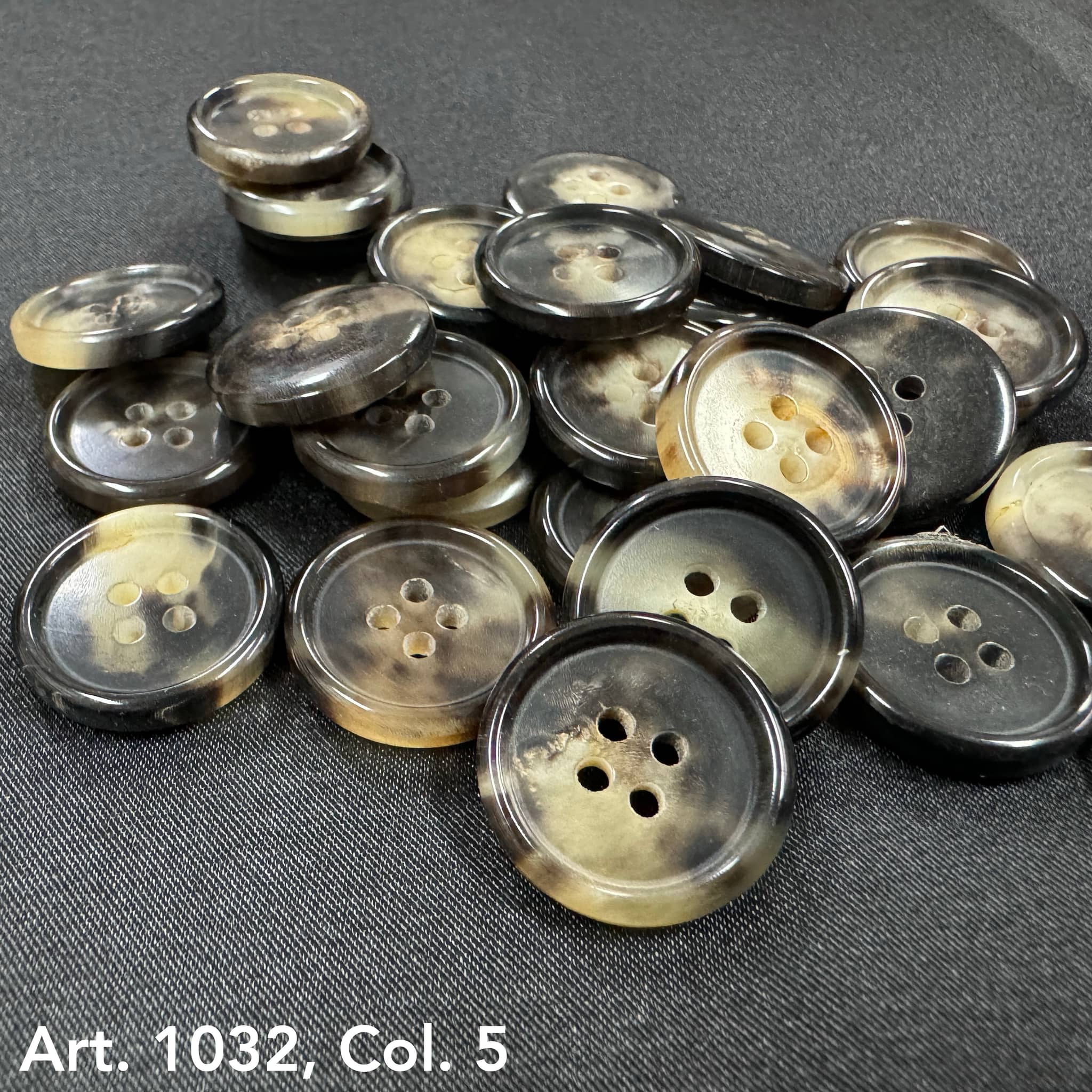Sustainable real horn buttons by Buttonology Inc with natural variations in brown and beige tones
