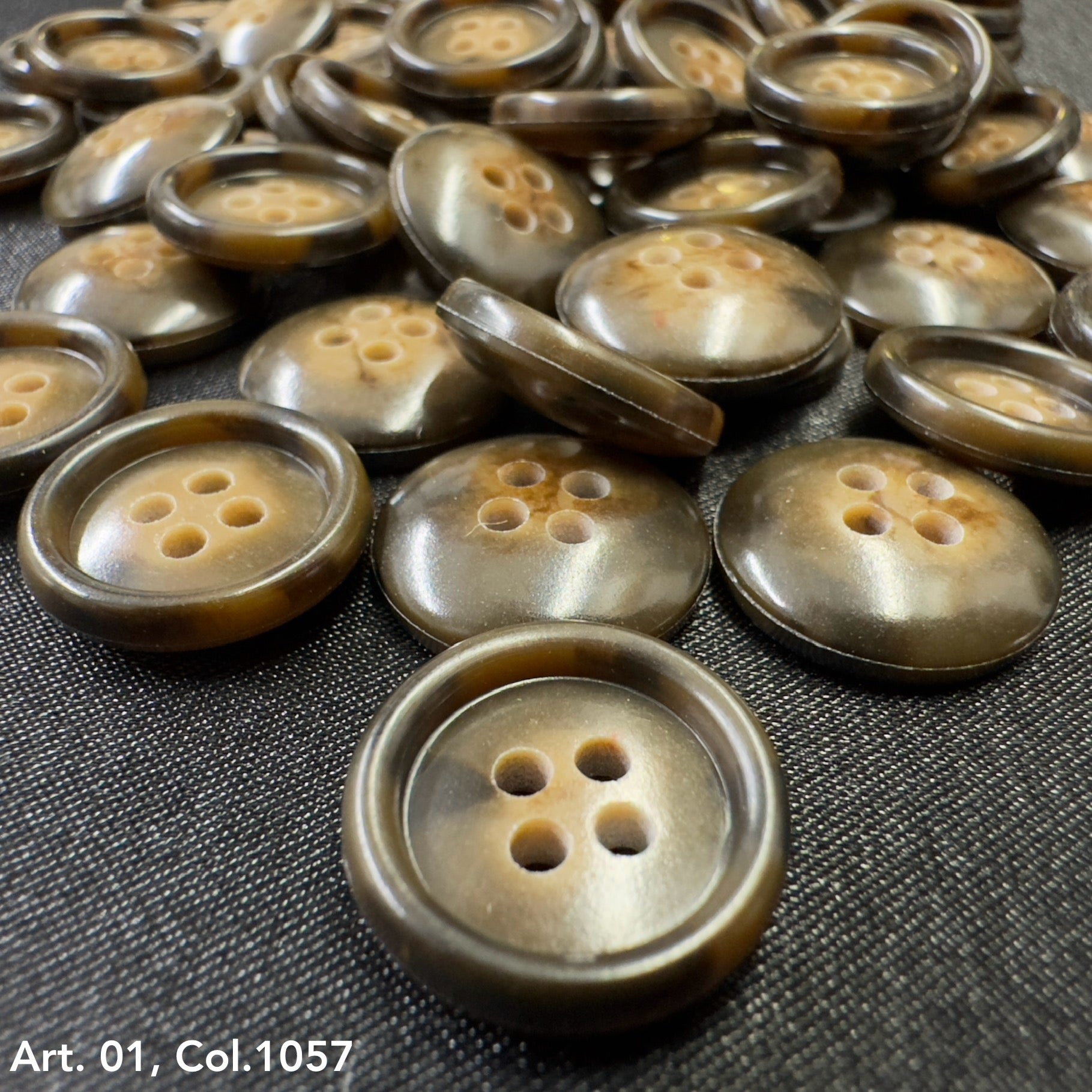 Buttonology Inc premium shirt buttons for sewing brown marbled four hole rimmed buttons on black fabric