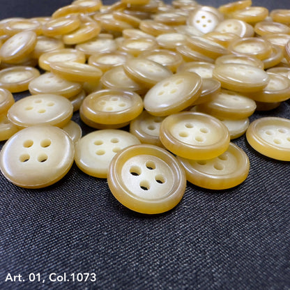 Buttonology Inc premium shirt buttons for sewing glossy cream yellow 4 hole round buttons on dark fabric