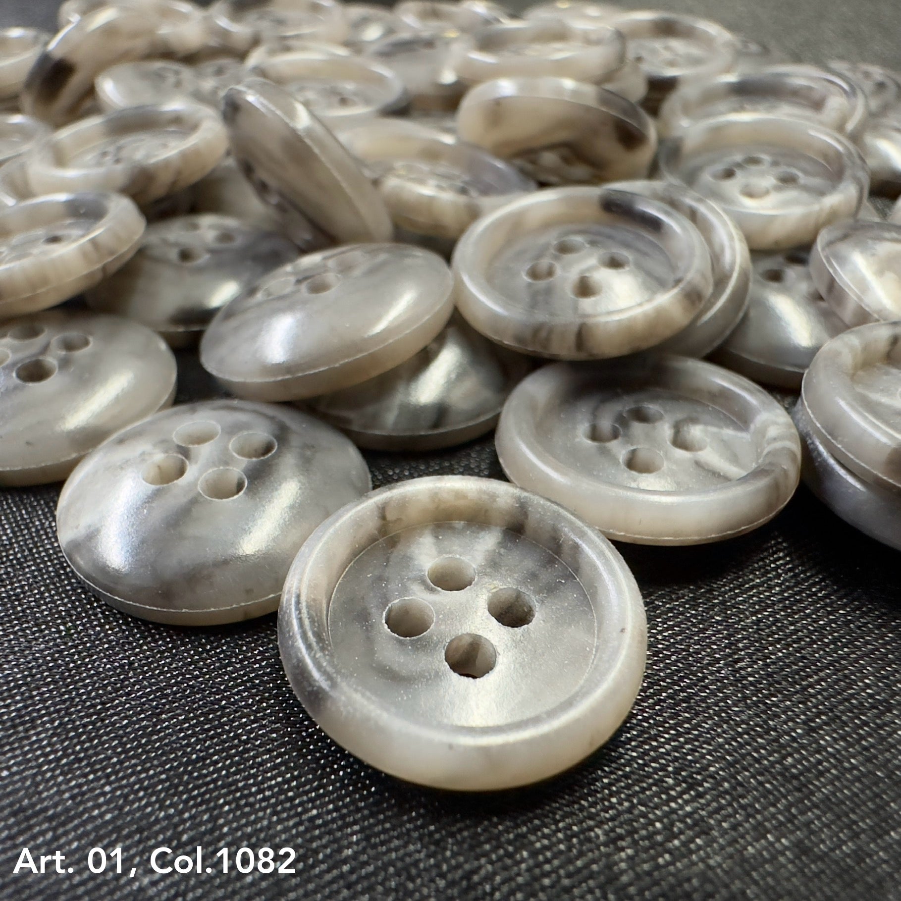Buttonology Inc premium shirt buttons for sewing gray marbled four hole round buttons on black fabric