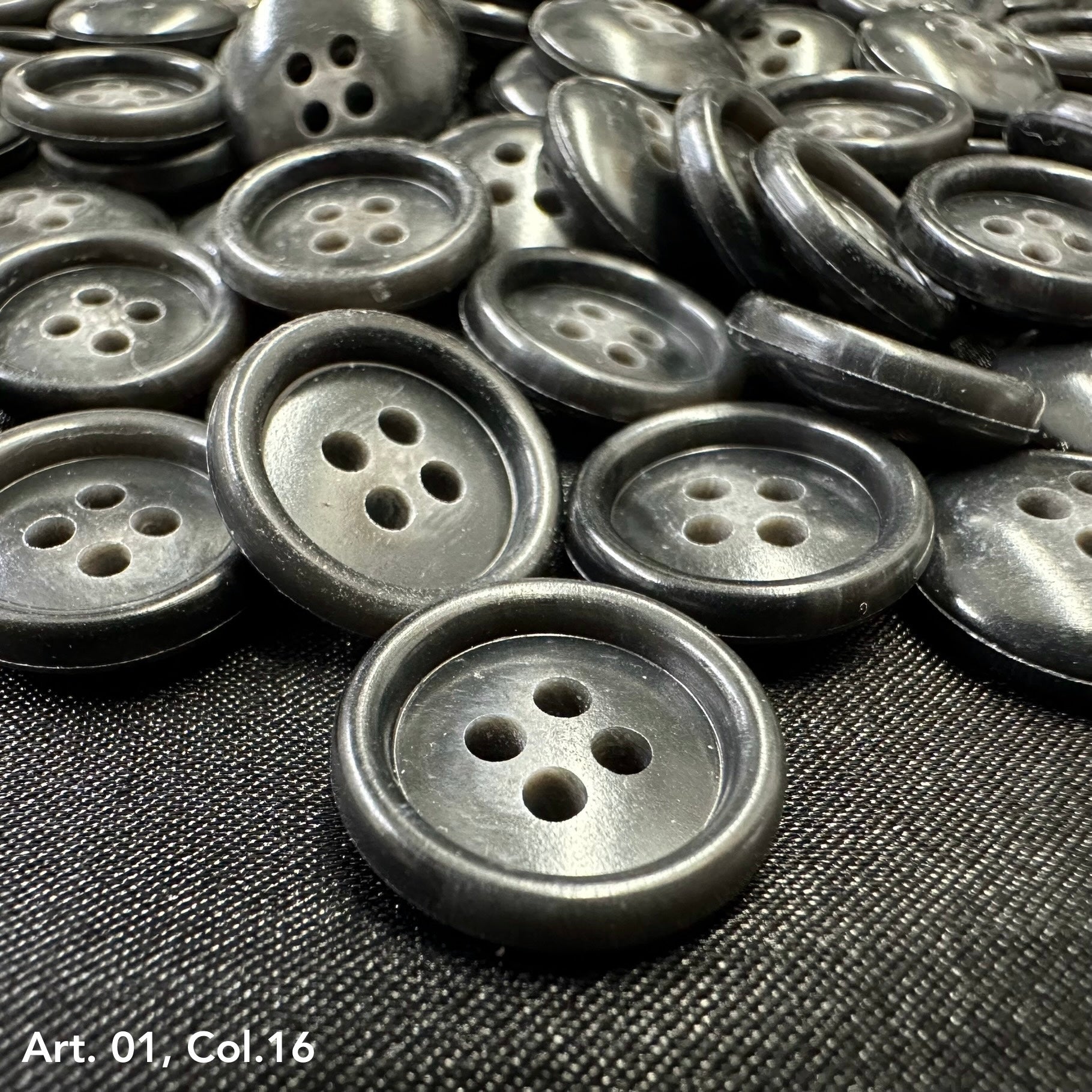 Buttonology Inc premium shirt buttons for sewing dark gray four hole round buttons on black fabric