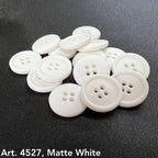 Art. 4527 matte white polyester 4-hole sewing buttons, sizes 14L–54L – Buttonology Inc.