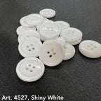 Art. 4527 shiny white polyester 4-hole sewing buttons, sizes 14L–54L – Buttonology Inc.