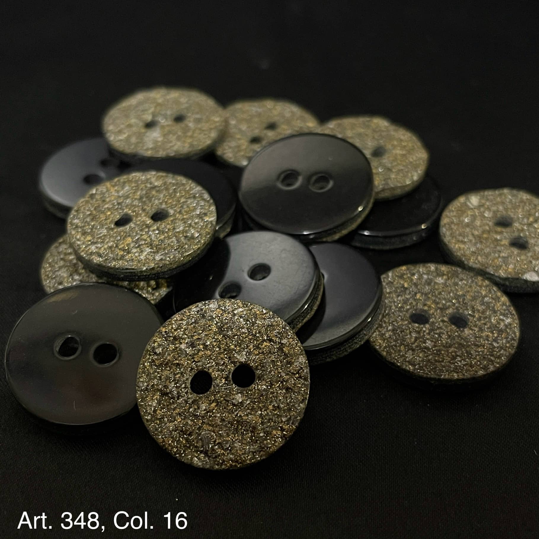 Assorted beige glitter buttons for sewing with a shiny surface and two holes for easy attachment