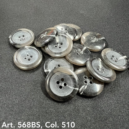 Set of black 4-hole garment buttons with a polished finish and unique marble patterns