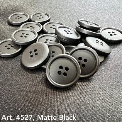 Set of black four hole buttons for sewing with a matte finish by Buttonology Inc.