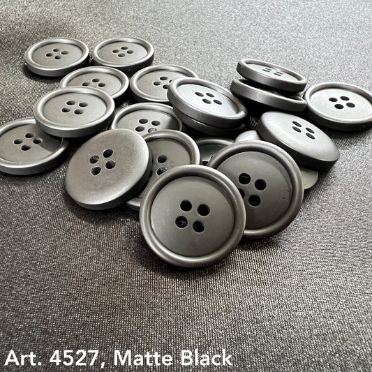 Set of black four hole buttons for sewing with a matte finish by Buttonology Inc.