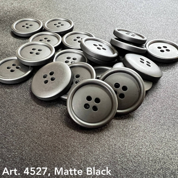 Art. 4527 matte black polyester 4-hole sewing buttons, sizes 14L–54L – Buttonology Inc.