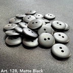 Art. 128 matte black polyester 2-hole sewing buttons, sizes 14L–80L – Buttonology Inc.