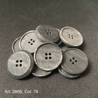 Buttonology Inc gray four hole rimmed coat buttons on black fabric for sewing and crafts wholesale button supplies online
