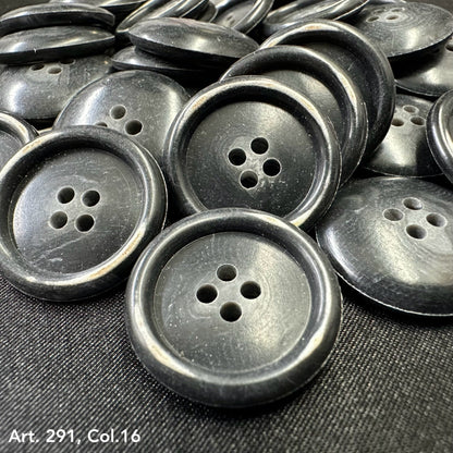 Black coat buttons for sewing with four holes, perfect for garment crafting and repairs