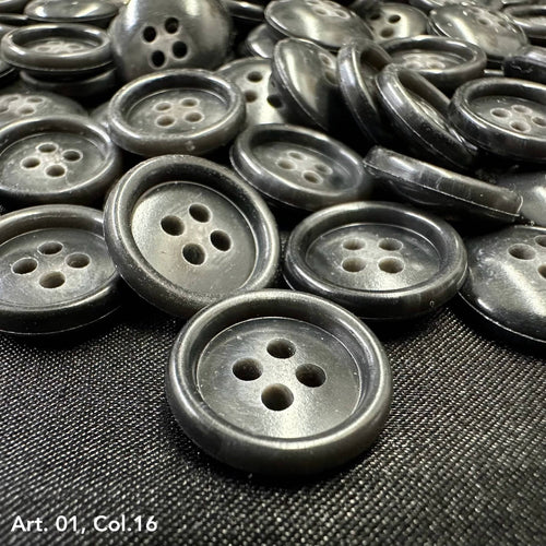 Shiny black coat buttons for sewing with four holes, perfect for garment projects