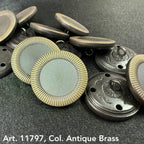 Decorative sewing buttons for coats in antique brass finish by Buttonology Inc with textured edges