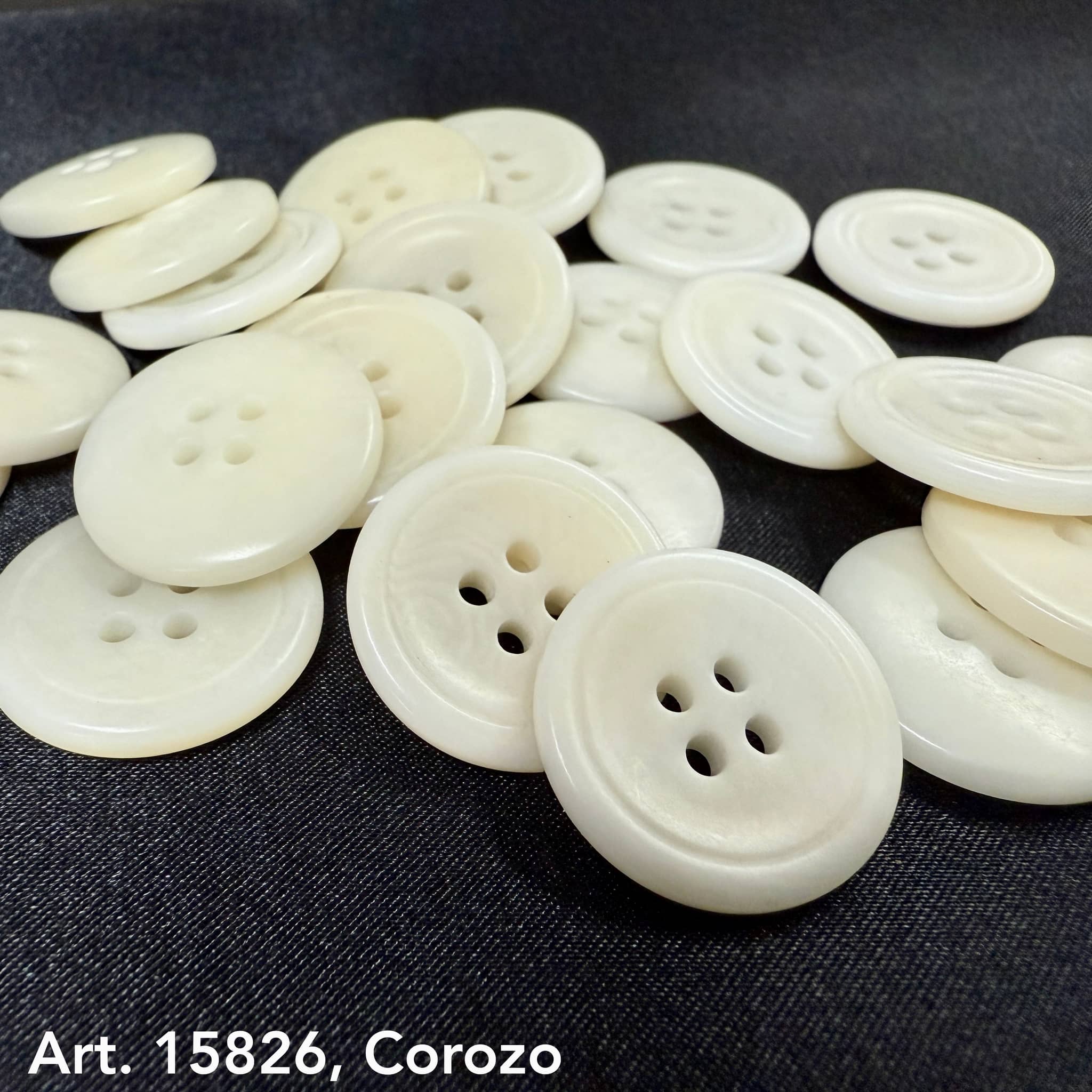 White Corozo buttons scattered on black fabric by eco-friendly button supplier Buttonology Inc