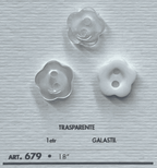 Three transparent flower-shaped garment buttons from Buttonology Inc. with two holes for easy sewing