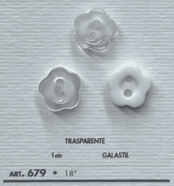 Three transparent flower-shaped garment buttons from Buttonology Inc. with two holes for easy sewing