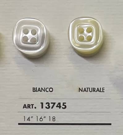Two square four-hole sewing buttons in white and natural colors from Buttonology Inc