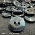 Black polyester 2-hole garment buttons bulk stacked together for sewing and crafting projects