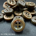 18L four hole plastic buttons in brown by Buttonology Inc on black fabric background