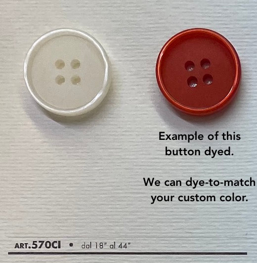 High-quality sewing buttons from Buttonology Inc showing a white and a dyed red button with four holes each