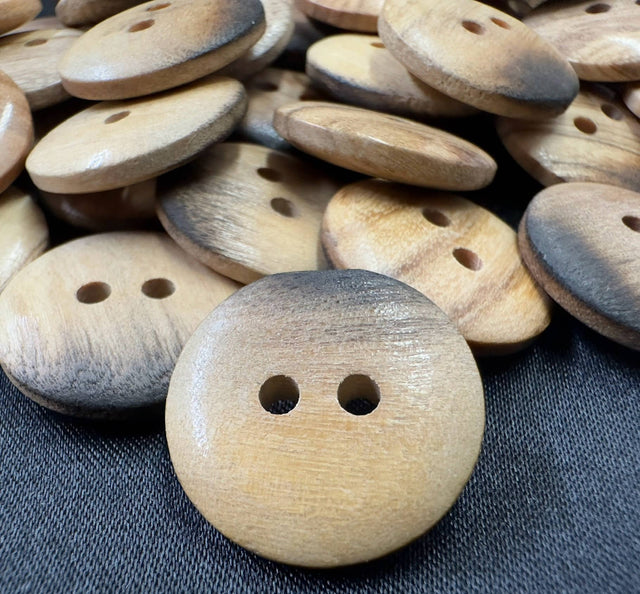 High-Quality Wooden Buttons made from burnt olive wood with two holes by Buttonology Inc