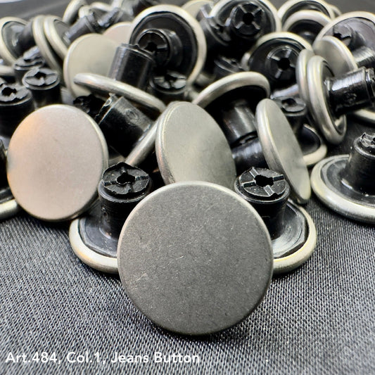 Collection of metal jeans buttons for sewing in various styles and finishes from Buttonology Inc.