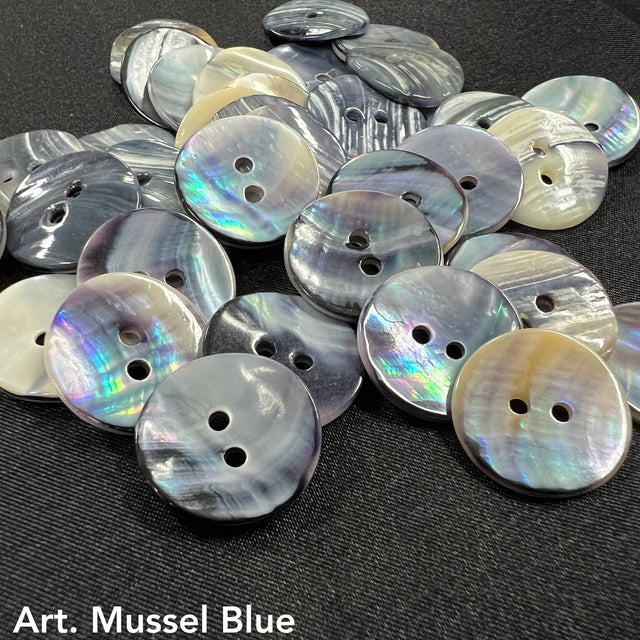 Mussel Blue shell buttons by Buttonology Inc in various shades with two holes on black background
