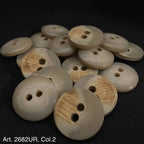 Premium 2 hole sewing buttons in beige and wood finish by Buttonology Inc on black background