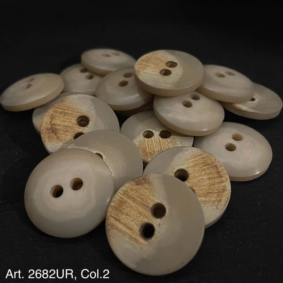 Premium 2 hole sewing buttons in beige and wood finish by Buttonology Inc on black background
