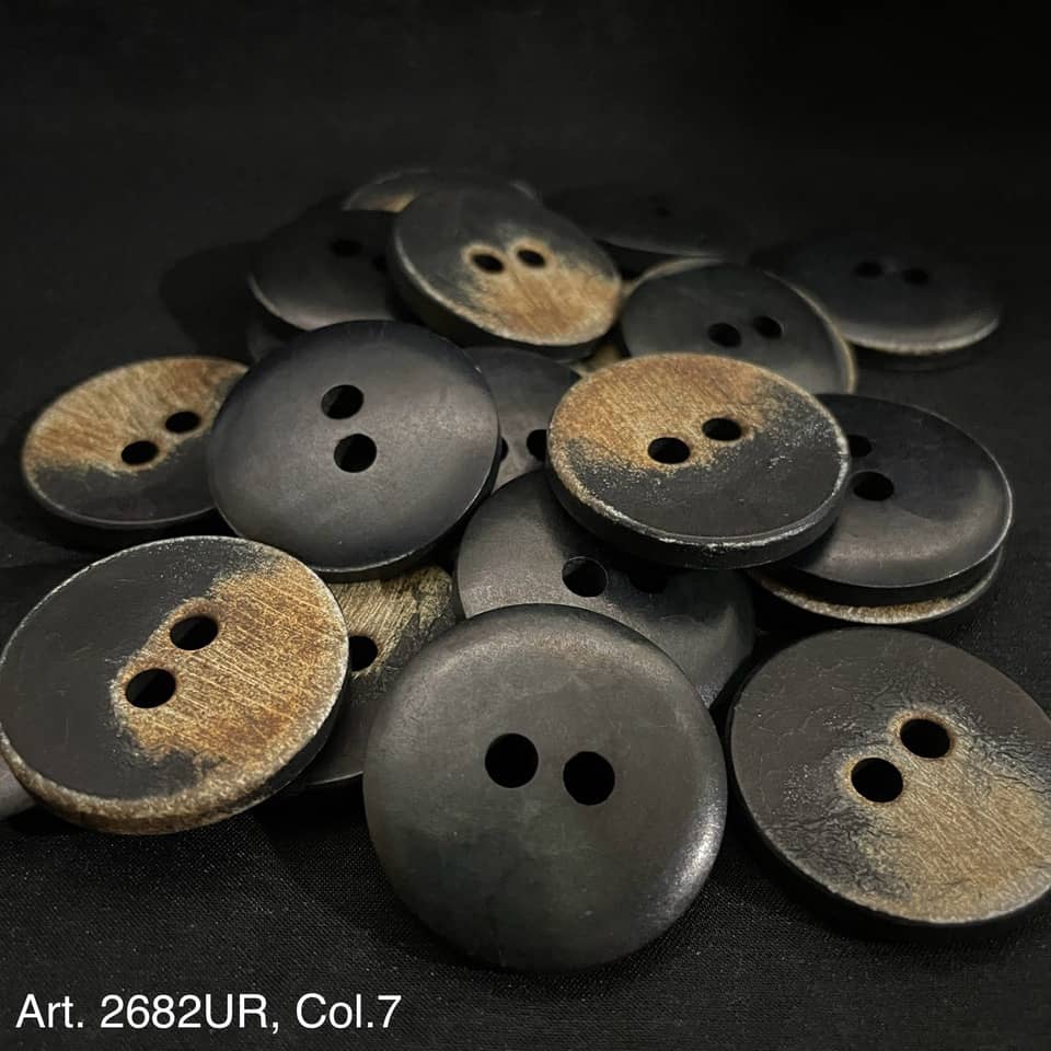 Buttonology Inc premium 2 hole sewing buttons in black and wood tone for sewing projects