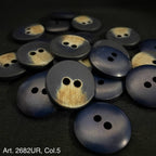 Buttonology Inc premium 2 hole sewing buttons with blue and wood grain finish on black background