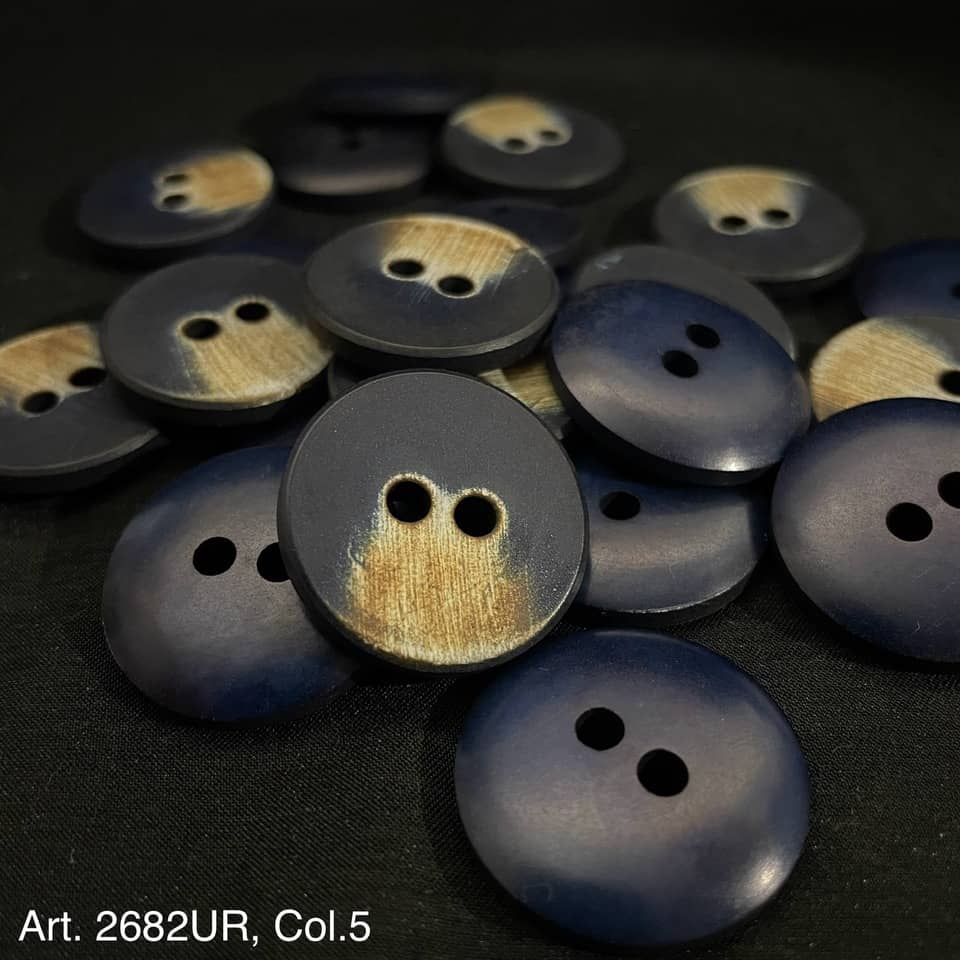 Buttonology Inc premium 2 hole sewing buttons with blue and wood grain finish on black background