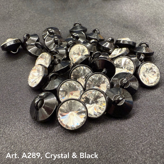 Assorted premium rhinestone buttons for dresses in crystal and black finish by Buttonology Inc