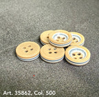 Premium sewing buttons for coats by Buttonology Inc in beige and silver with four holes