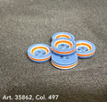Premium sewing buttons for coats by Buttonology Inc with blue, orange, and white striped design