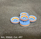 Premium sewing buttons for coats by Buttonology Inc with blue, orange, and white striped design