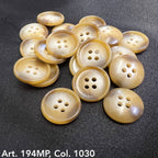 Buttonology Inc premium suit buttons in beige with four holes on black fabric background
