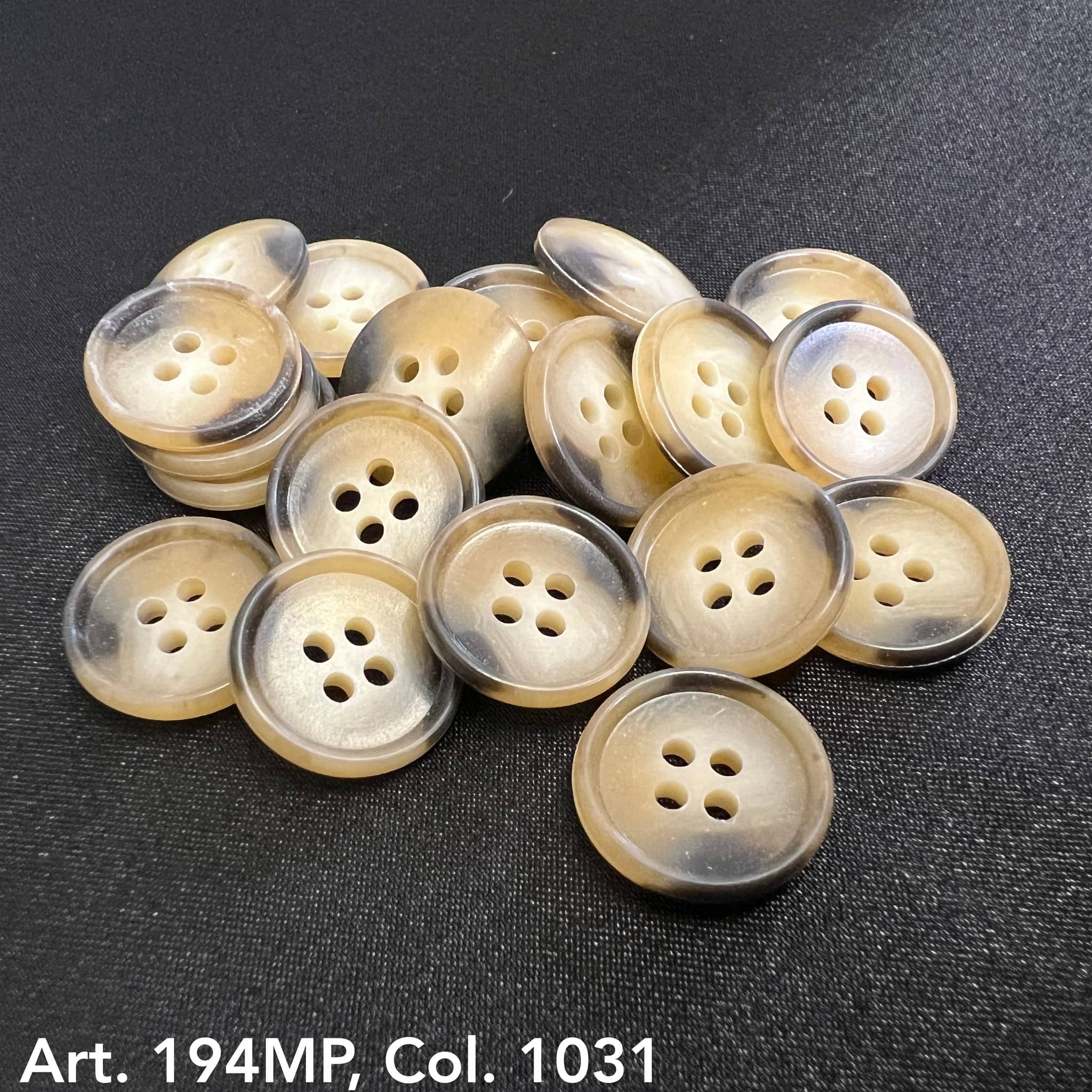 Premium suit buttons by Buttonology Inc in beige and black gradient with four holes ideal for formal suits