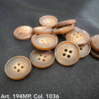 Buttonology Inc premium suit buttons in brown with four holes displayed on black fabric