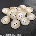 Premium suit buttons by Buttonology Inc in a glossy beige finish with four holes on black fabric