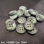 Buttonology Inc premium suit buttons in glossy dark gray with four holes laid on black fabric