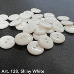 Art. 128 shiny white polyester 2-hole sewing buttons, sizes 14L–80L – Buttonology Inc.