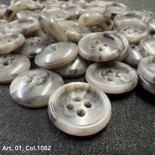 Shirting size buttons in gray with a glossy finish, perfect for shirts or sewing projects