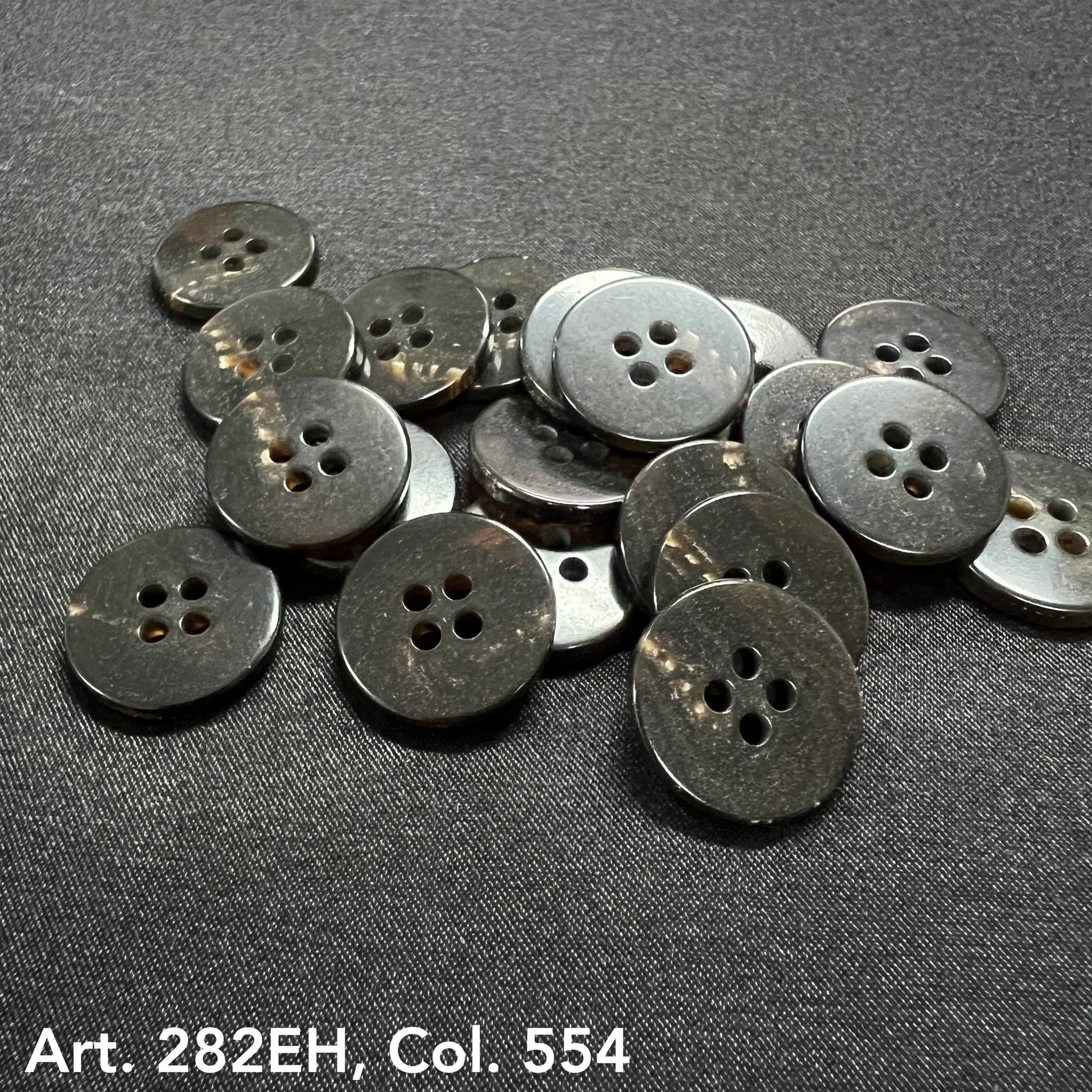 Art. 282EH Col. 554 dark brown transparent faux-horn 4-hole buttons, 24L–54L – Buttonology Inc.