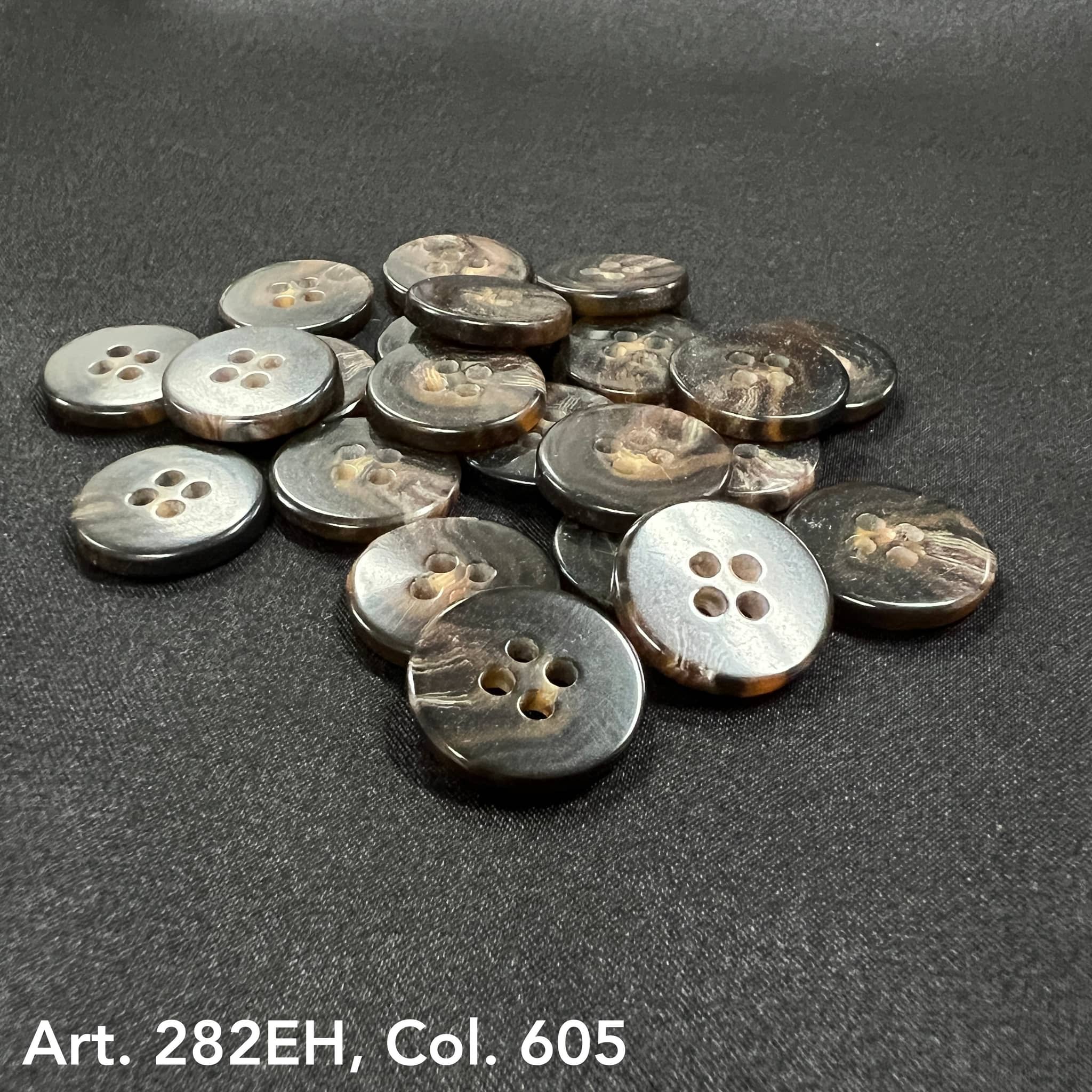Art. 282EH Col. 605 dark brown woodgrain faux-horn 4-hole buttons, 24L–44L – Buttonology Inc.
