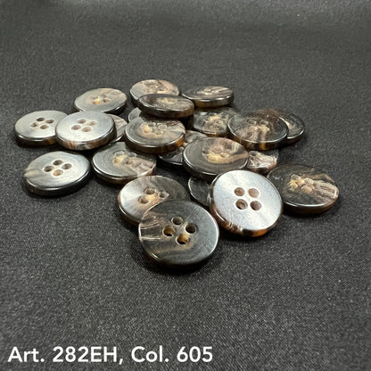 Assortment of dark marbled suit and coat buttons featuring four holes, perfect for custom tailoring